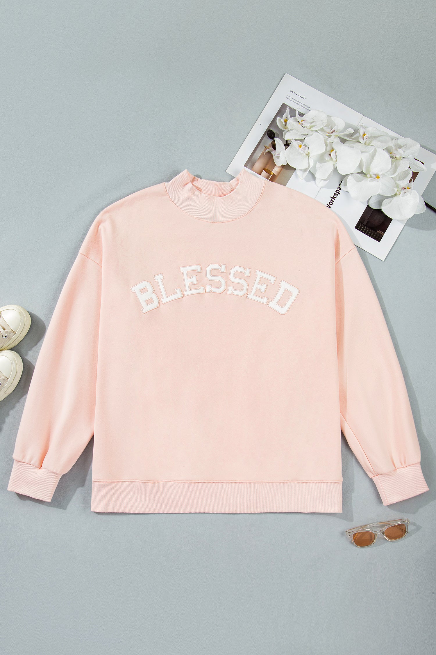 Plus Size Light Pink Mock Neck Sweatshirt With Embroidered BLESSED Graphic