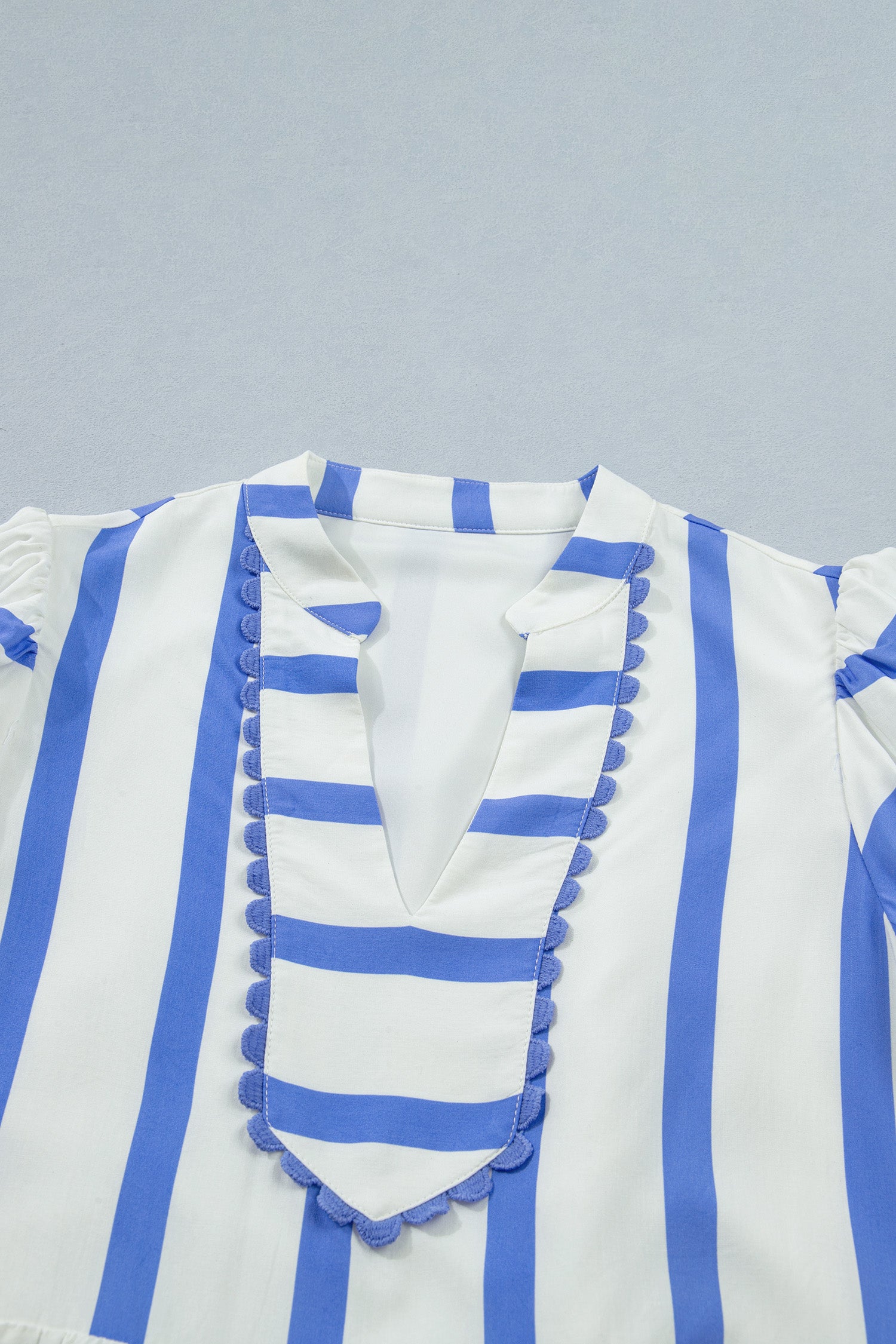 Sky Blue Stripe V-Neck Summer Blouse with Puff Sleeves