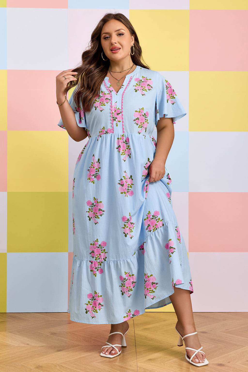 Plus Size Sky Blue Floral Print V-neck Dress With Scalloped Trim