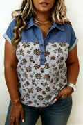 Plus size Gray Retro Floral Print & Denim Patchwork Polo Tee