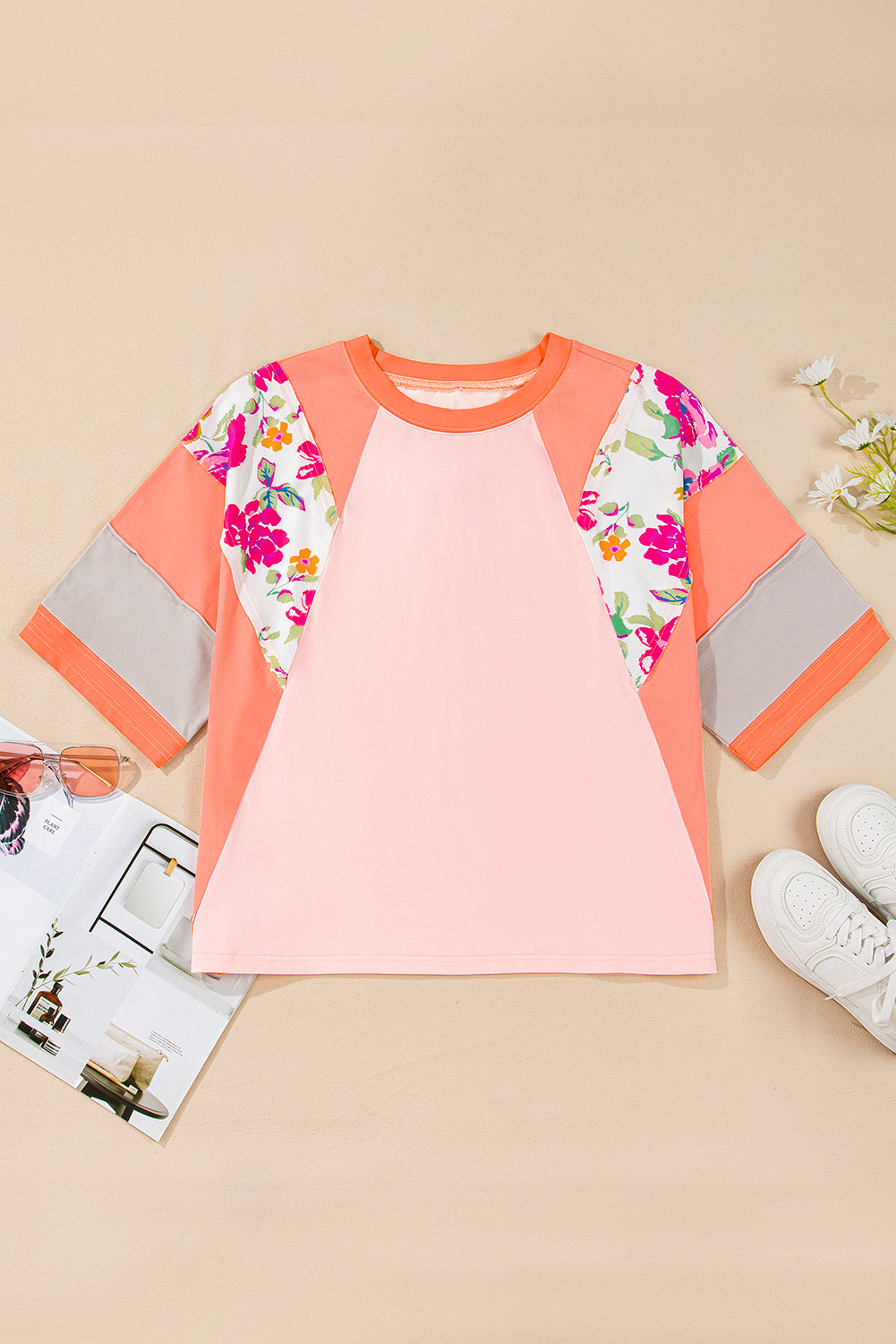 Plus Size Orange Floral Print Patchwork Half Sleeve Raglan Top