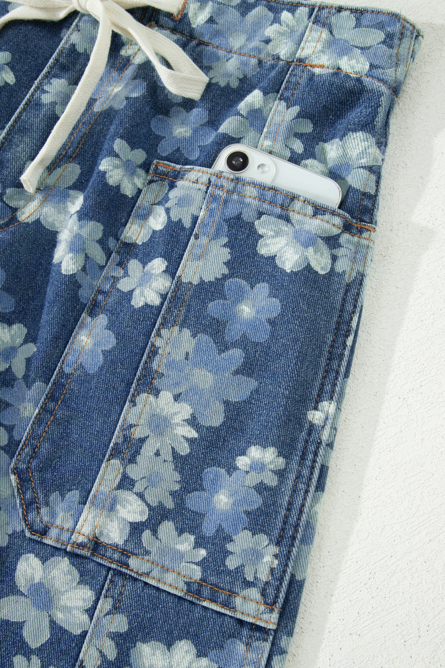 Sky Blue Dainty Floral Print Drawstring Barrel Jeans