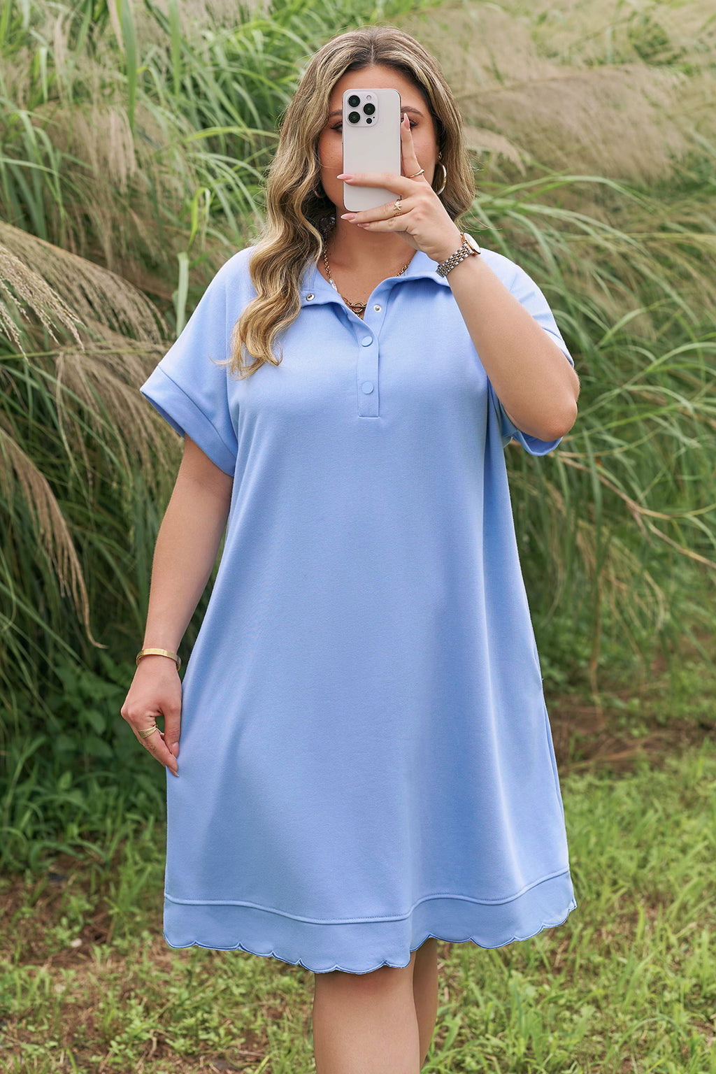 Plus Size Beau Blue Pullover Mini Dress With Scalloped Hem & Button Neck
