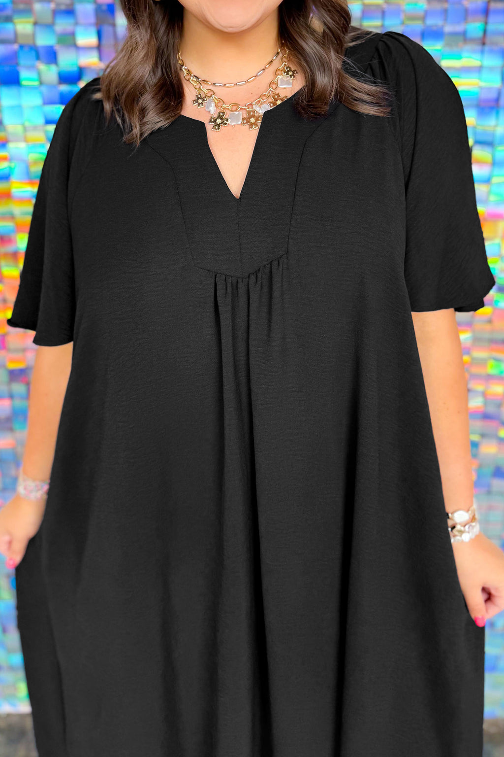Plus Size Black Notched Neck Short Sleeve Dress