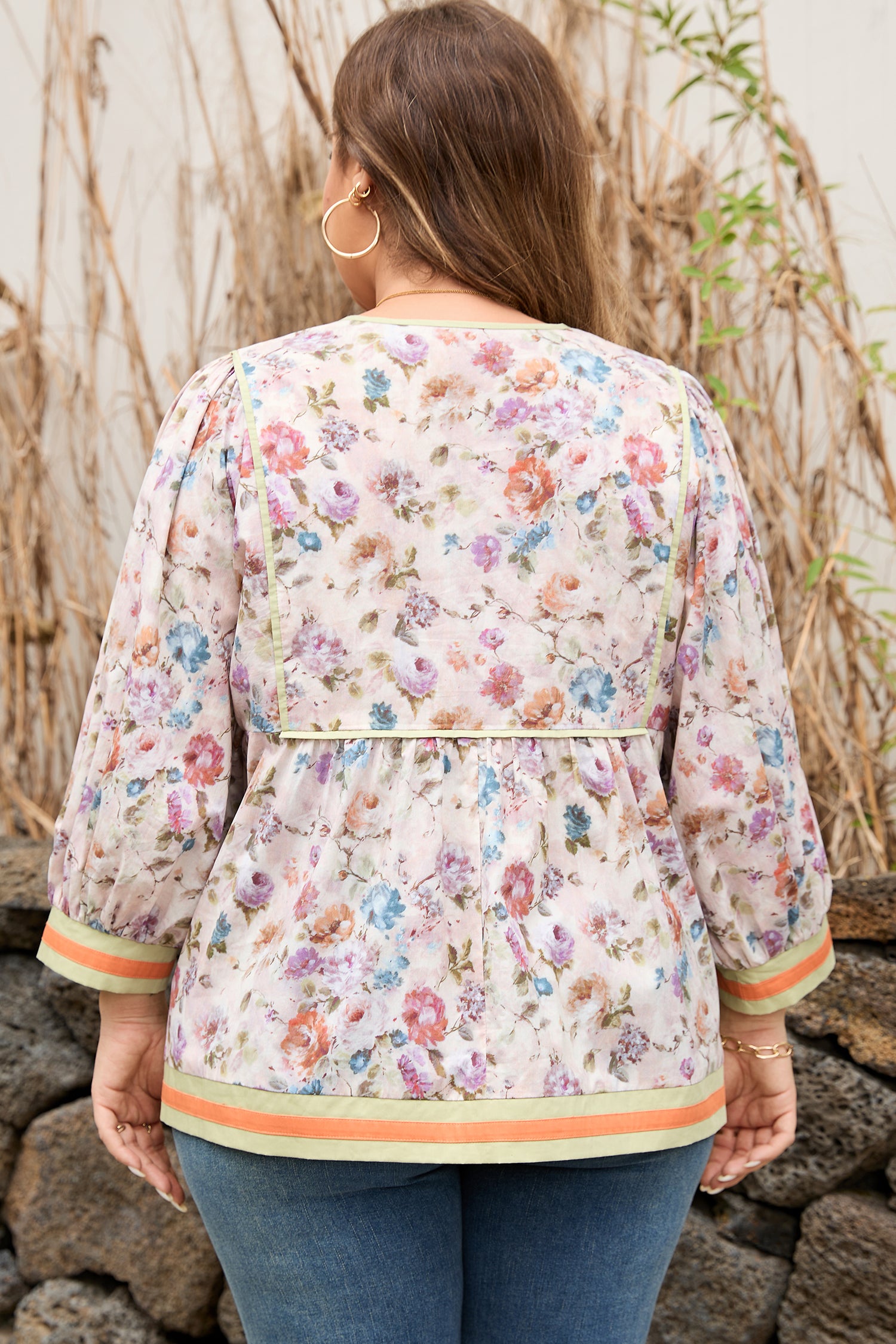 Plus Size Floral Print & Contrast Striped Trim Babydoll Blouse