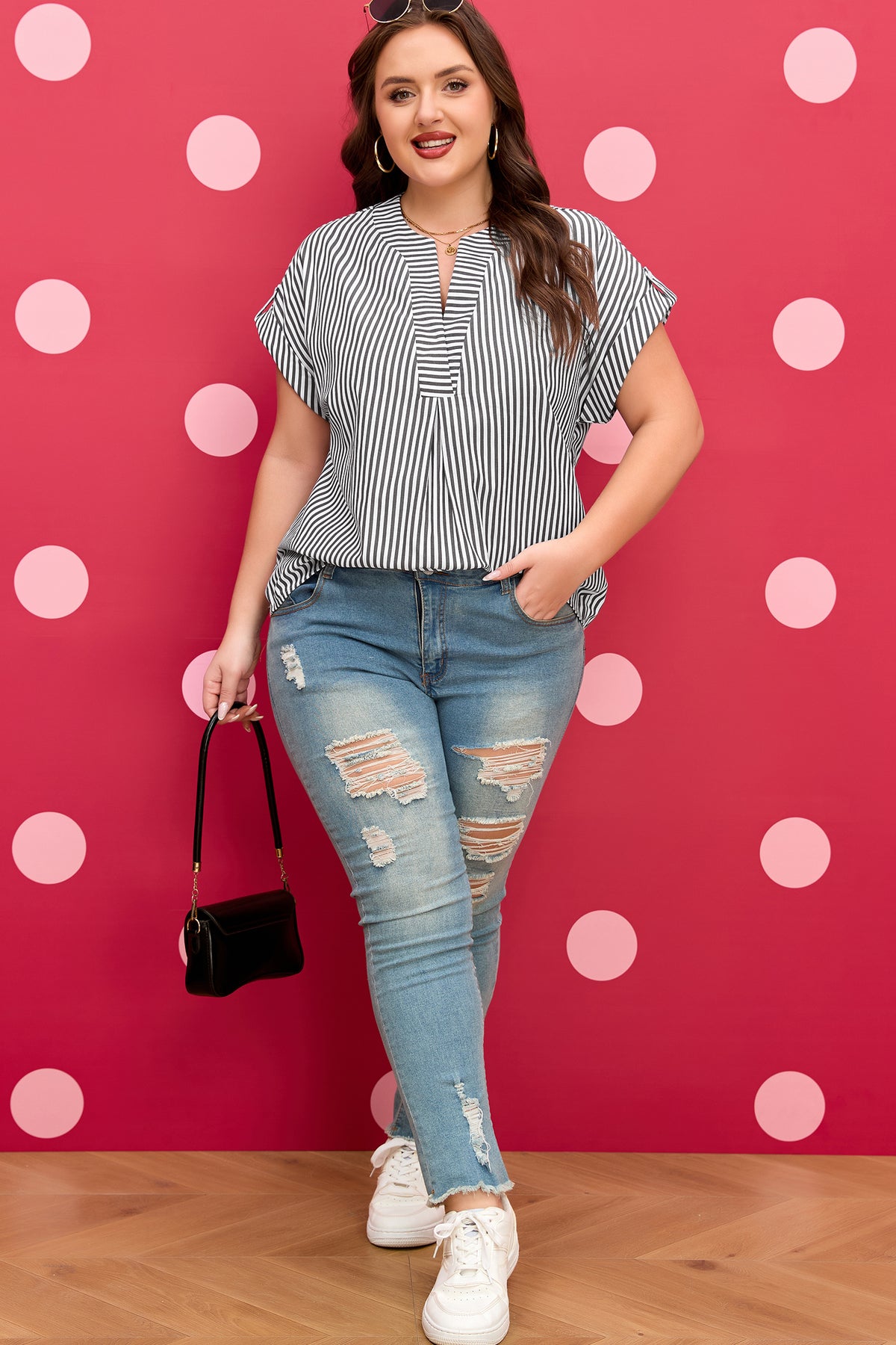 Plus Size Black Stripe Short Dolman Sleeve V Neck Roll-tab Blouse