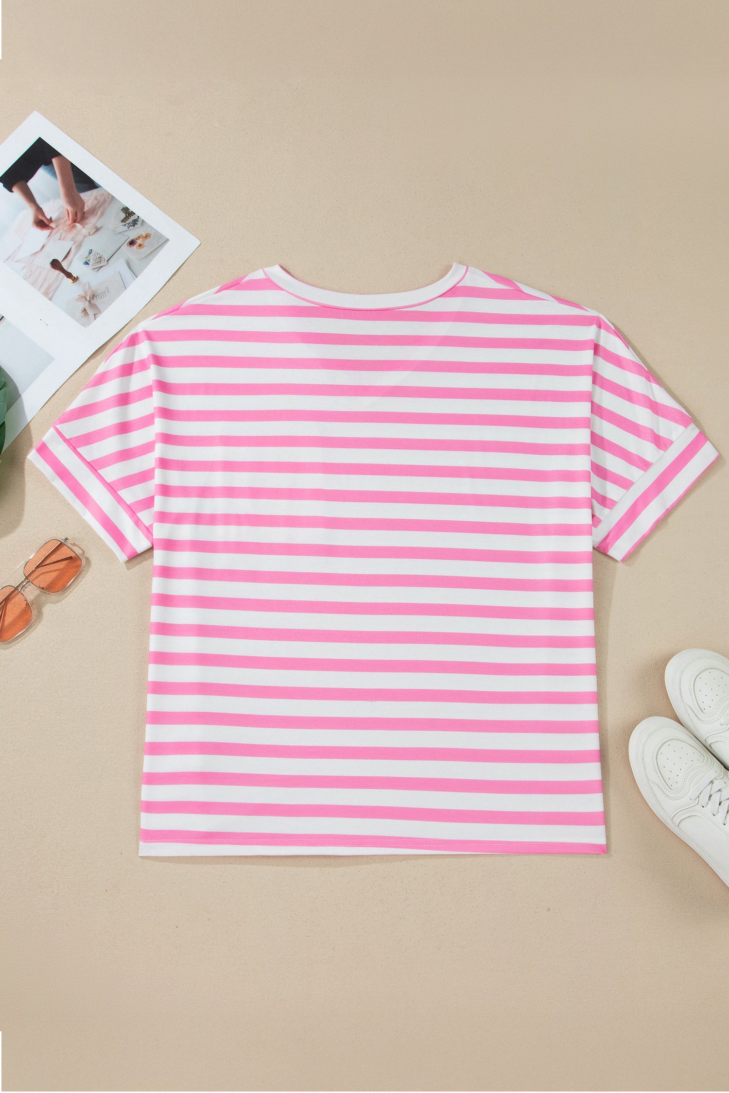 Plus Size Pink Stripe Colorblock Patched Pocket V Neck Tee