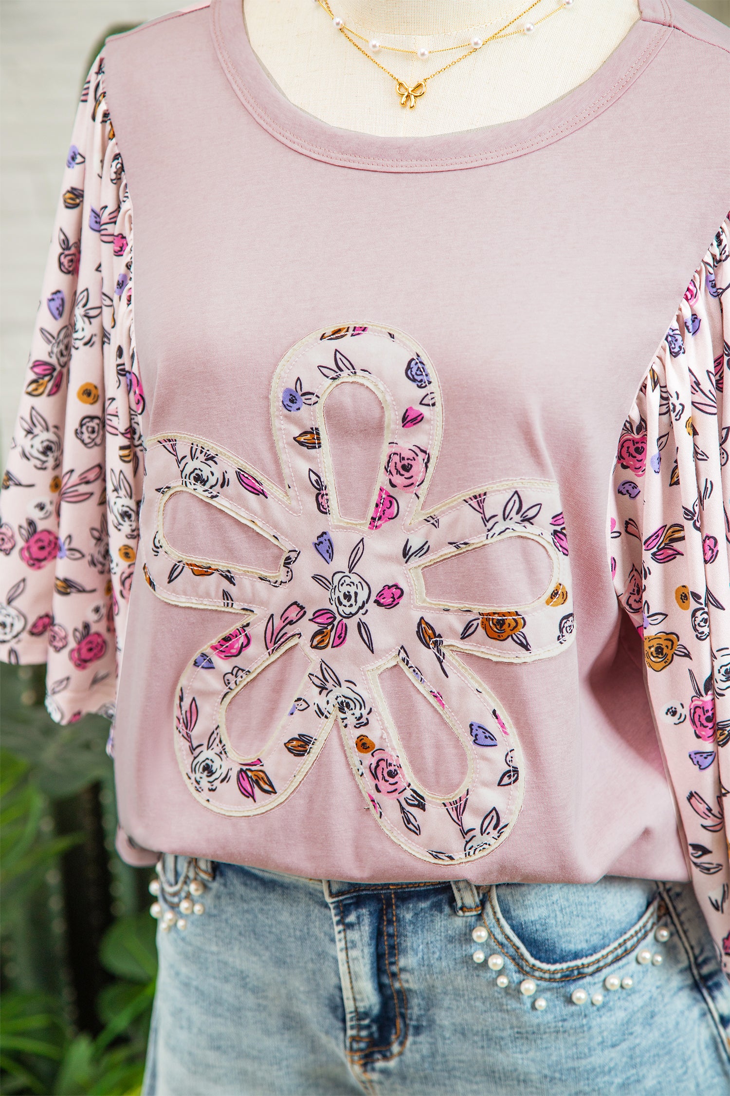 Flowy Pink Floral Patched Half Sleeve Blouse