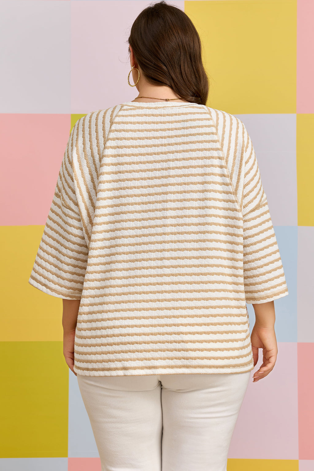 Plus Size Apricot Stripe Textured Patchwork Detail Half Sleeve Top