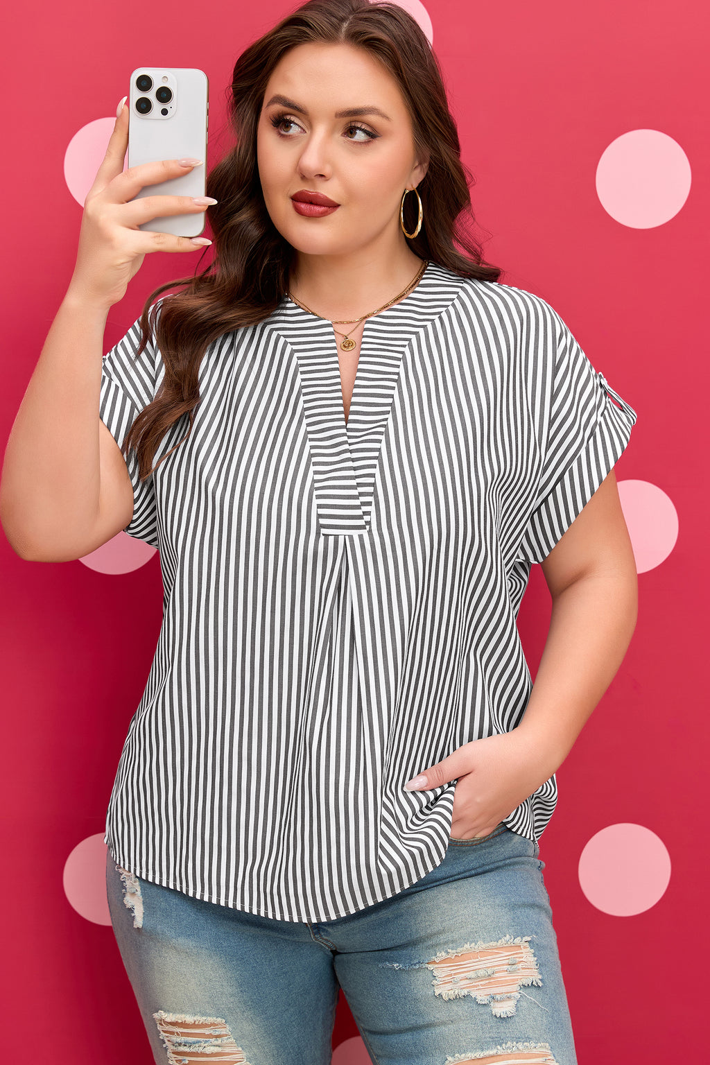 Plus Size Black Stripe Short Dolman Sleeve V Neck Roll-tab Blouse