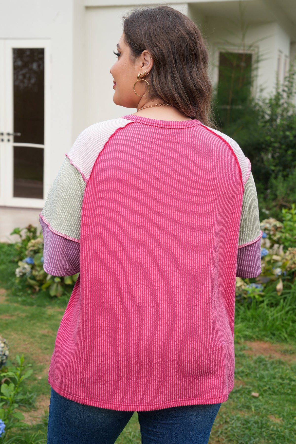 Plus Size Bright Pink Short Sleeve Color Block Henley Top