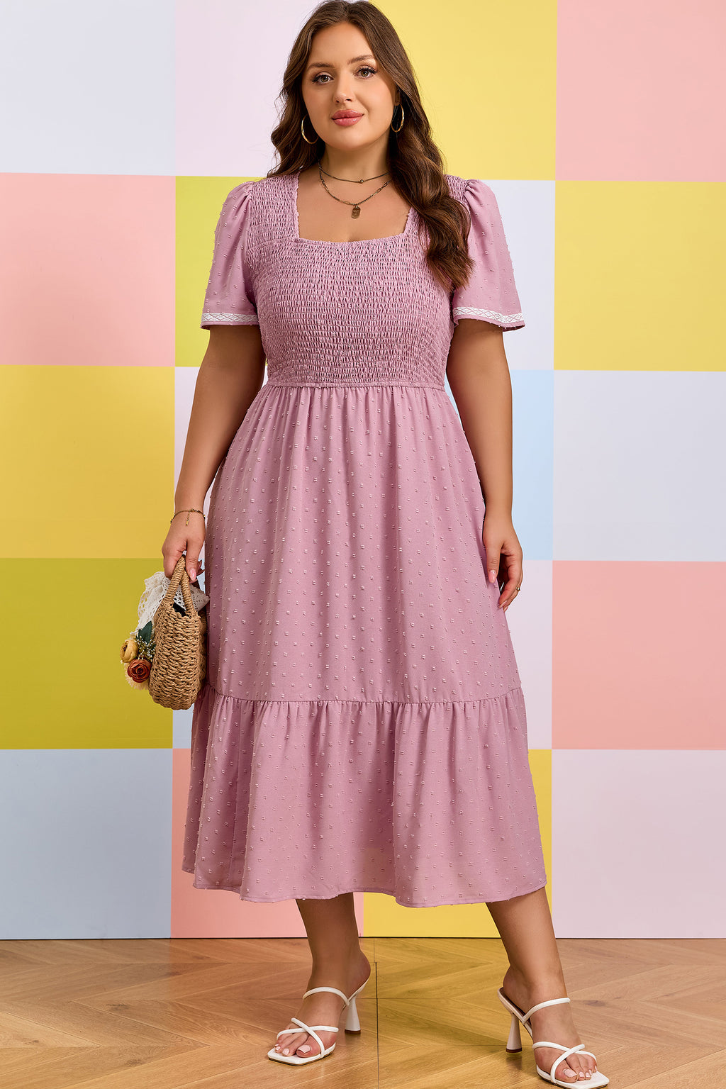 Plus Size Pink Swiss Dot Flowy Midi Dress With Short Sleeves & Smocked High Waist