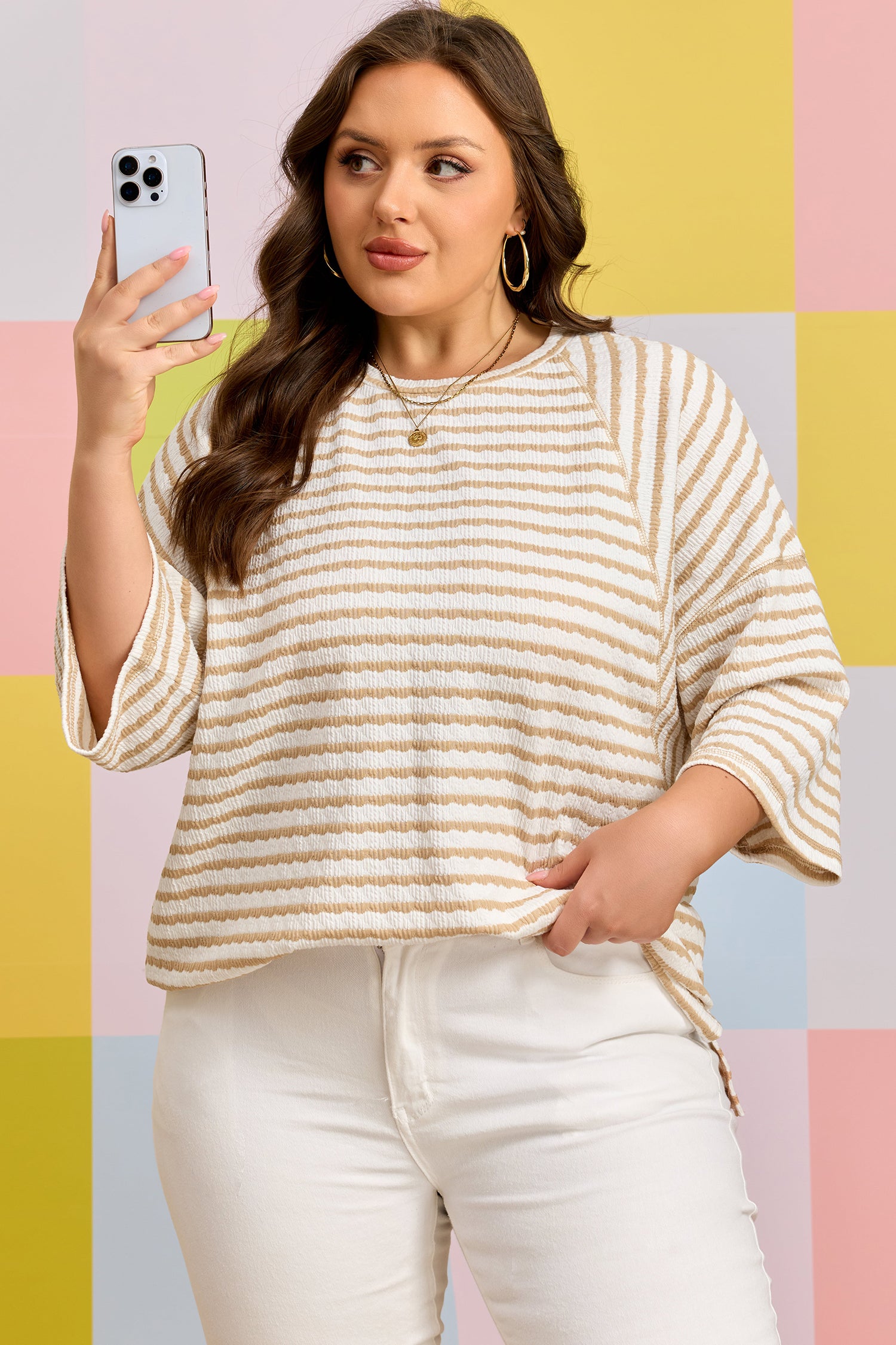 Plus Size Apricot Stripe Textured Patchwork Detail Half Sleeve Top