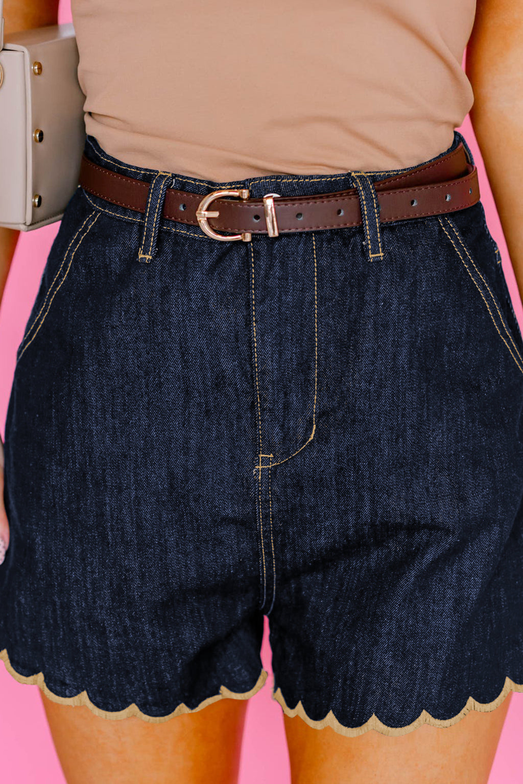 Navy Blue Relaxed Denim Shorts With Embroidered & Scalloped Trim