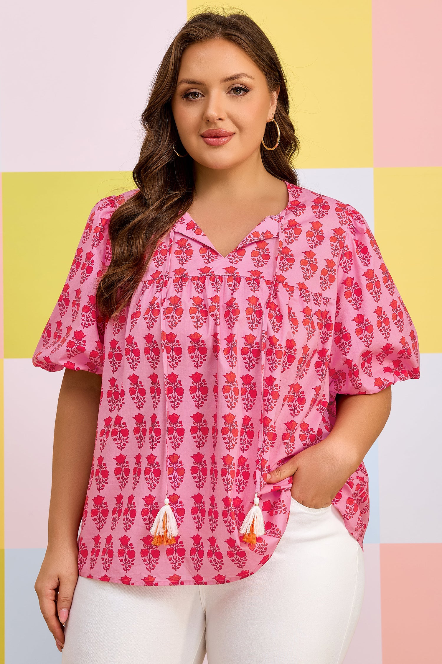 Plus size Pink Floral Print Cotton Blouse with Tassel Tie & Puff Sleeves