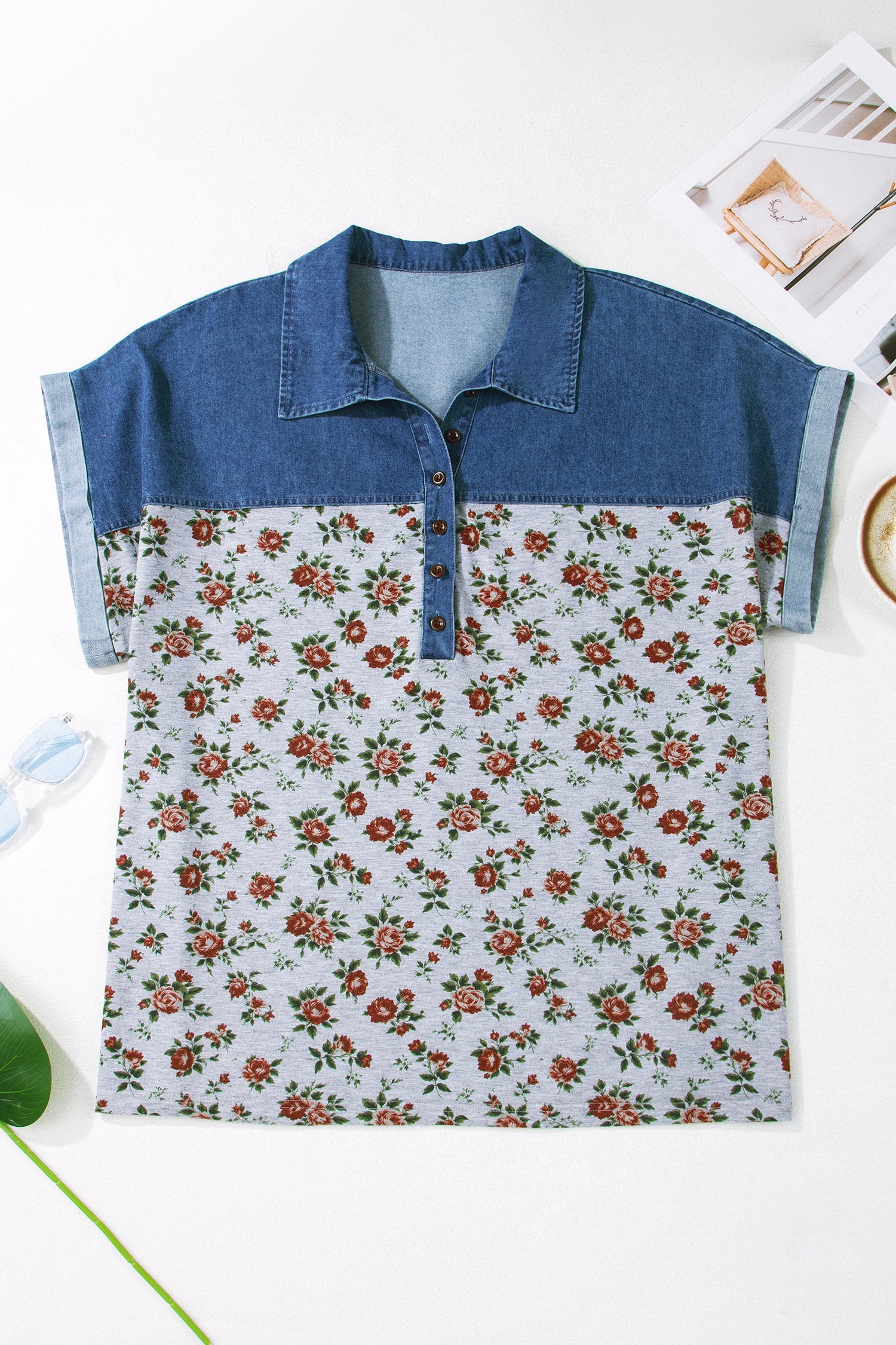 Plus size Gray Retro Floral Print & Denim Patchwork Polo Tee