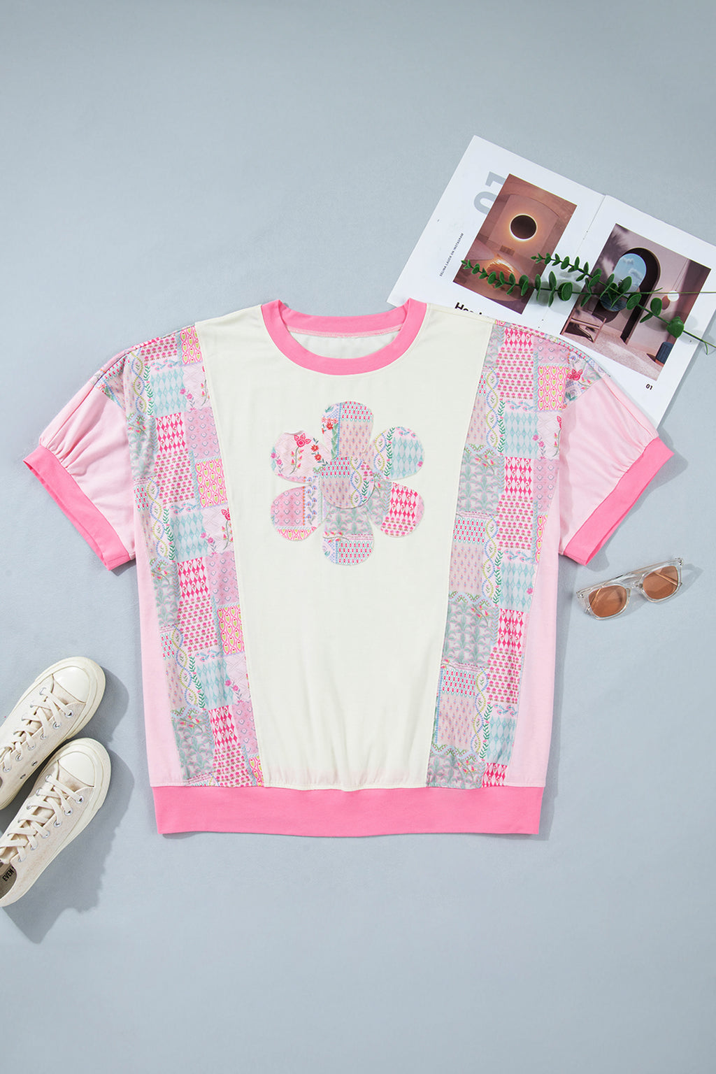 Plus Size Beige Short Sleeve Floral Patchwork Tee