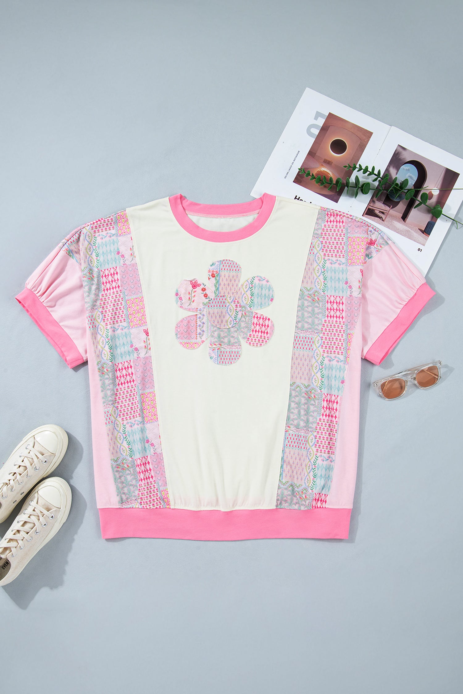 Plus Size Beige Short Sleeve Floral Patchwork Tee