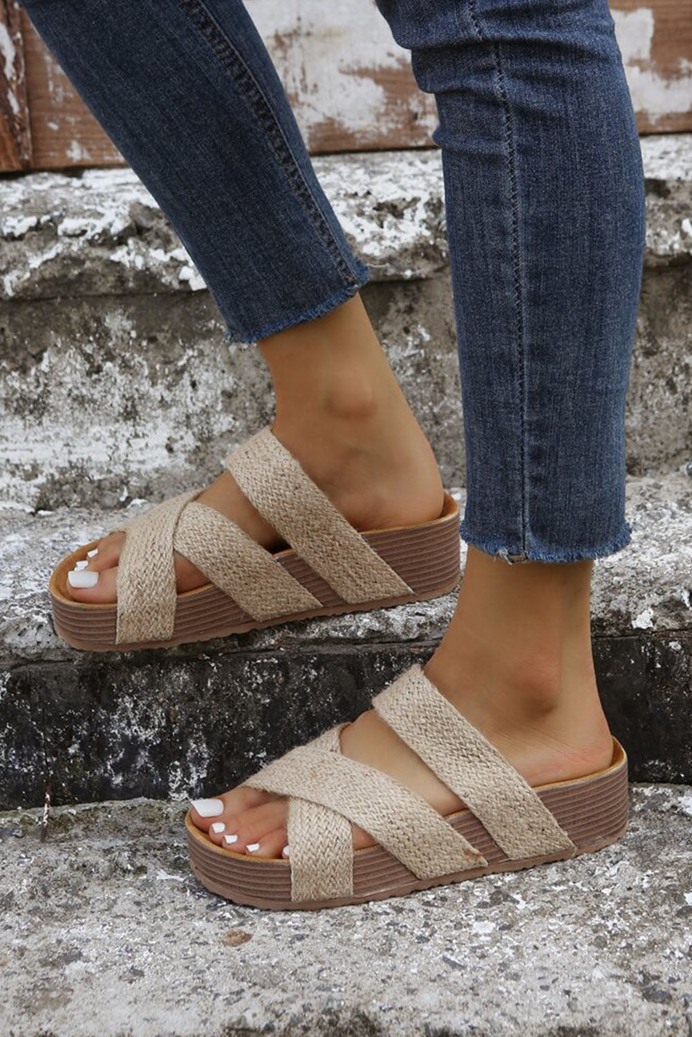 Beige Woven Criss Cross Hollowed Slip-On Slippers