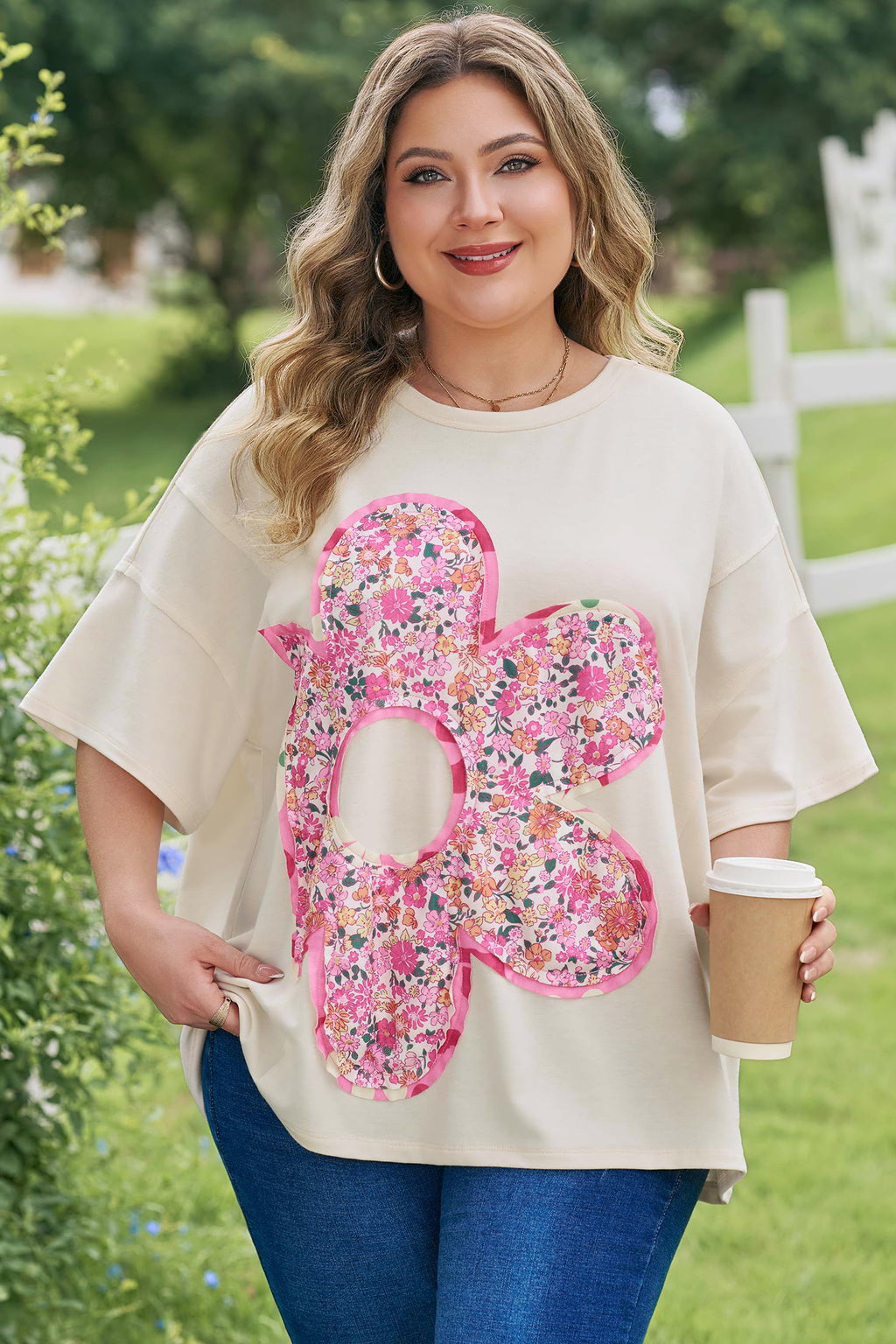 Plus Size Big Flower Patched Tunic Tee