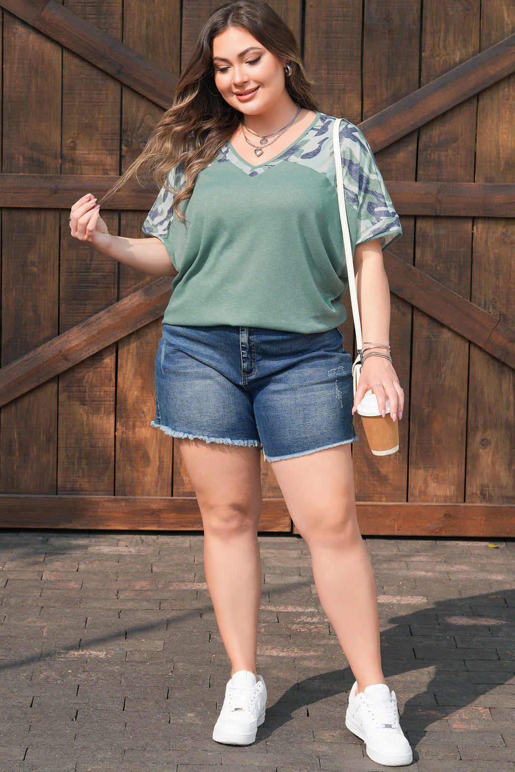 Plus Size Mist Green Ribbed With Camouflage Patchwork V-Neck Tee