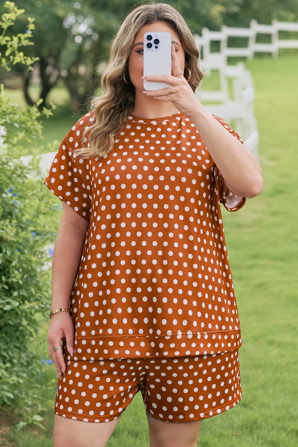 Plus Size 2pc Brown Polka Dot Print Dropped Shoulder Tee & Shorts Set