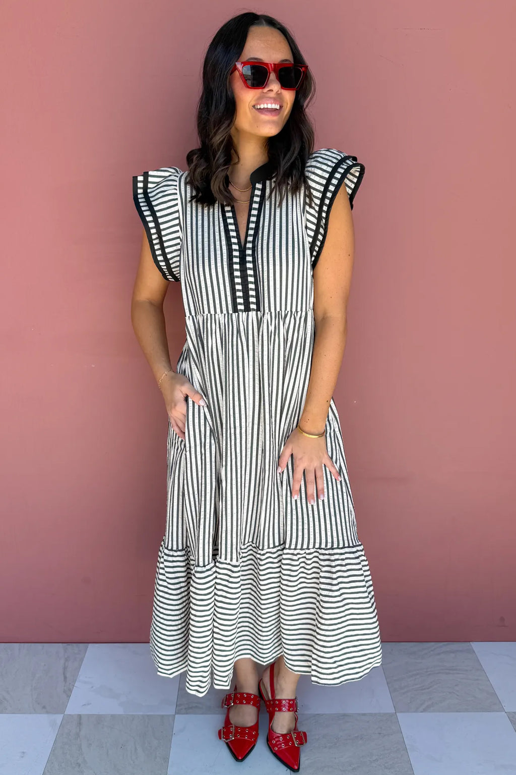 Plus Size Black Stripe Slit V-Neck Tiered Maxi Dress With Flutter Sleeves
