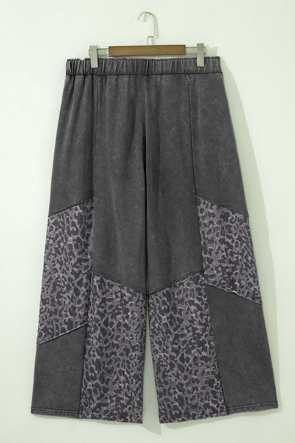 Plus Size Dark Grey Leopard Patchwork Wide Leg Mineral Wash Pants