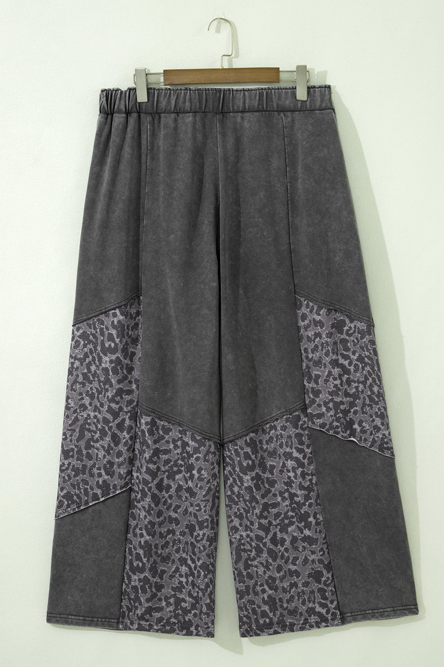 Plus Size Dark Grey Leopard Patchwork Wide Leg Mineral Wash Pants