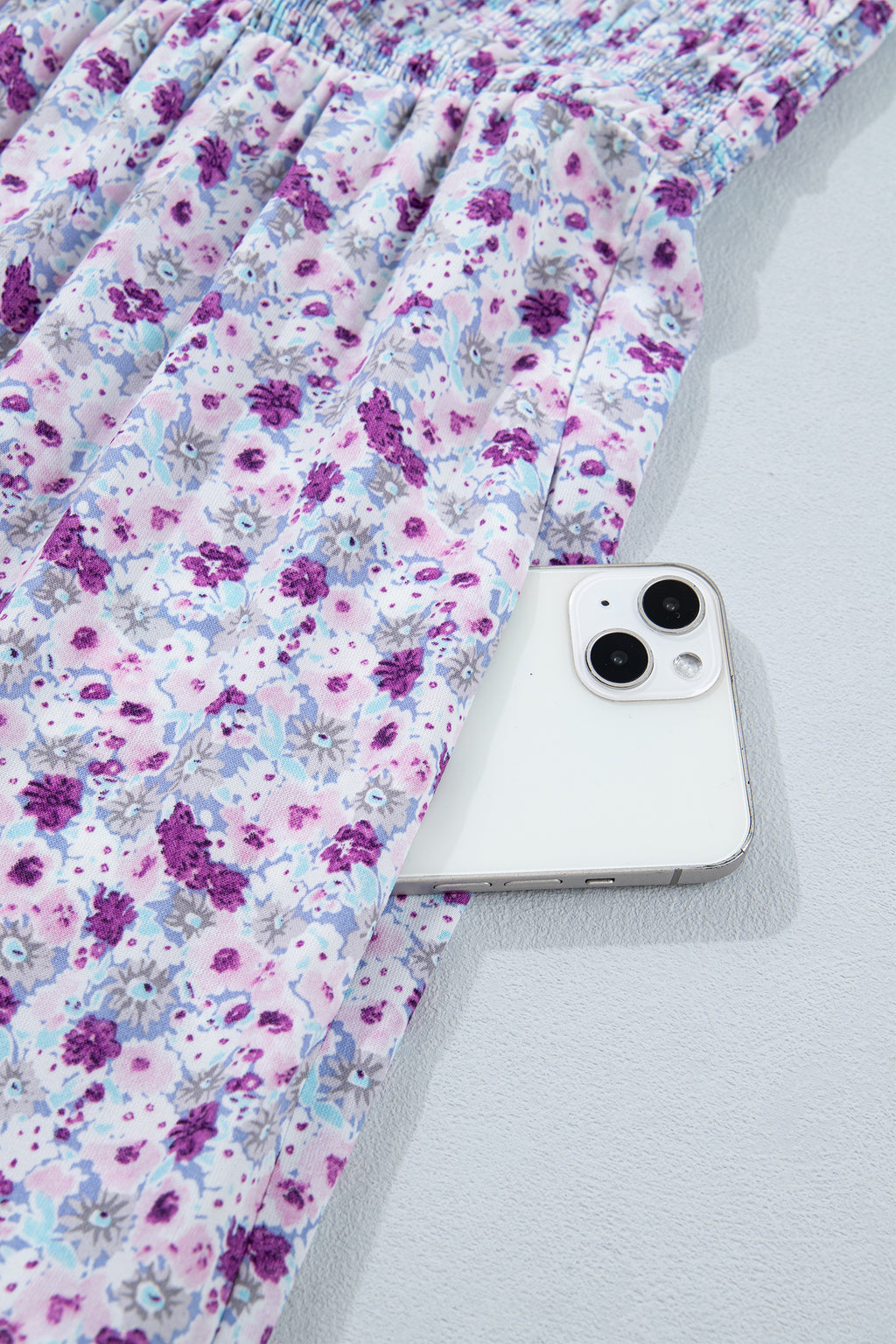 Plus Size Purple Floral Print Smocked Maxi Dress With Square Neck