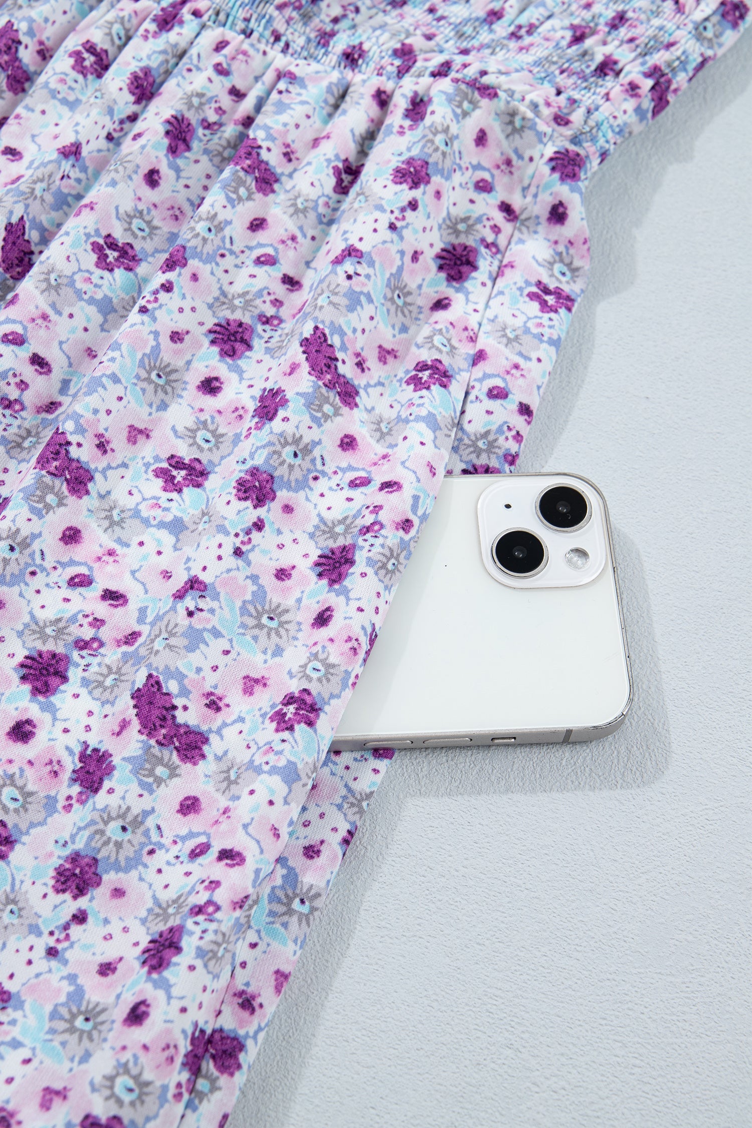 Plus Size Purple Floral Print Smocked Maxi Dress With Square Neck
