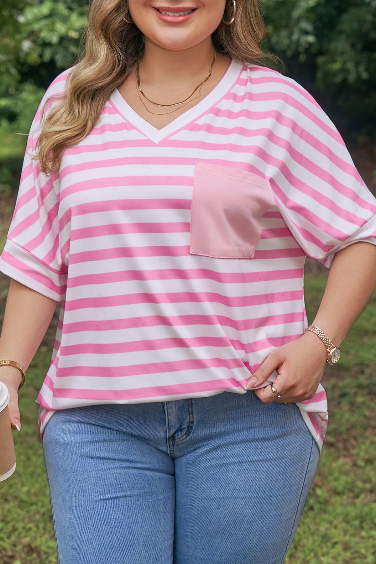 Plus Size Pink Stripe Colorblock Patched Pocket V Neck Tee