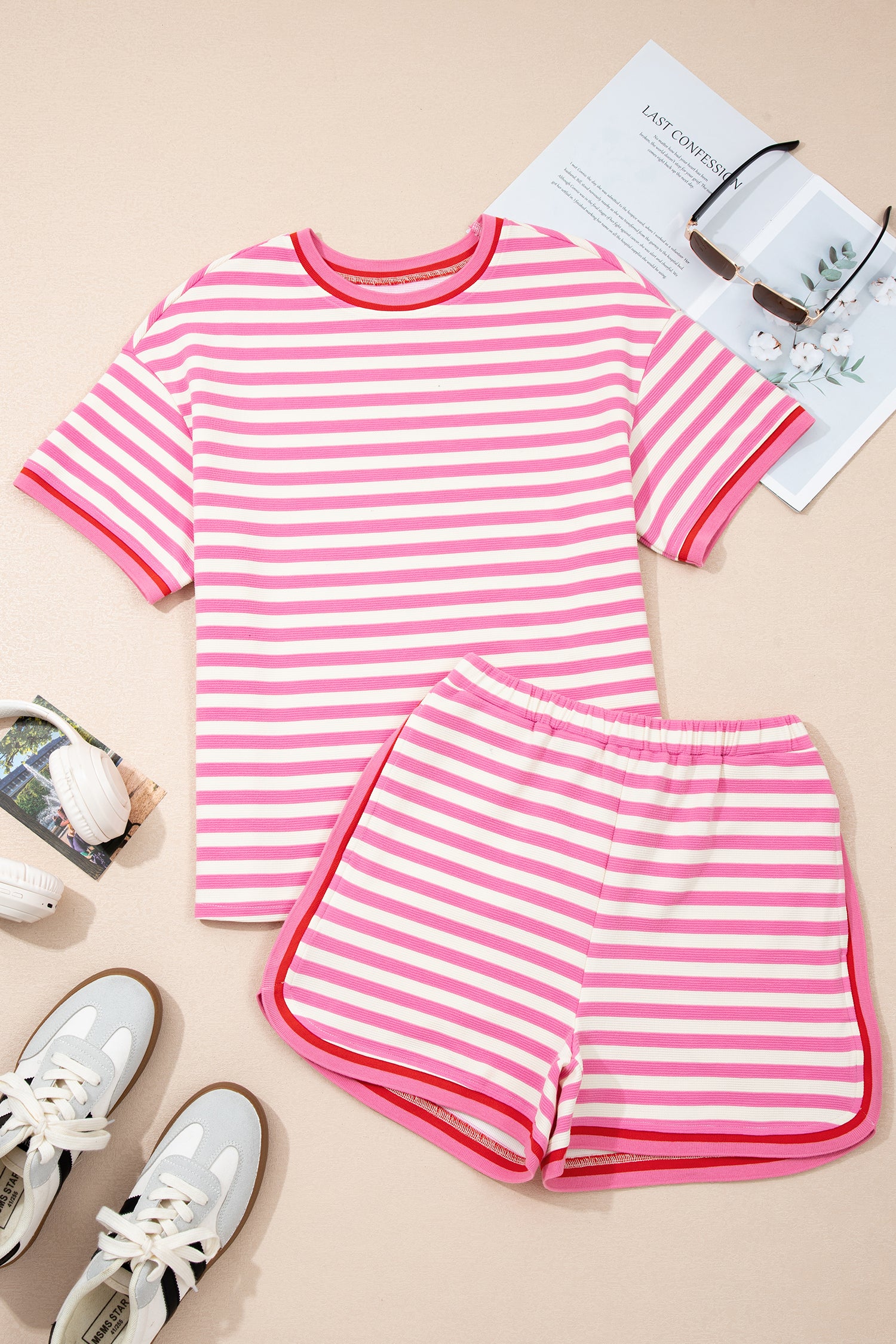 Pink Stripe Short Sleeve Top & Loose Shorts 2pcs Casual Outfit