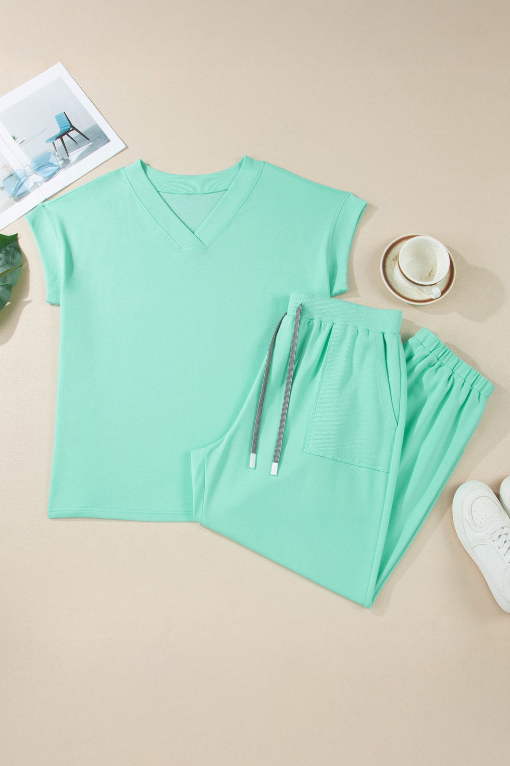 Plus Size Mint Green V-Neck Tee & Drawstring Pants Set