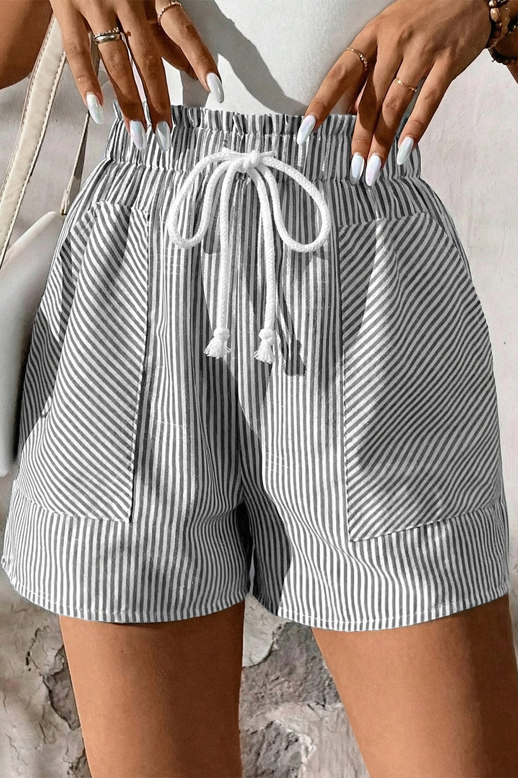 Gray Stripe Casual Pocketed Shorts With Lace-up Elastic Waist