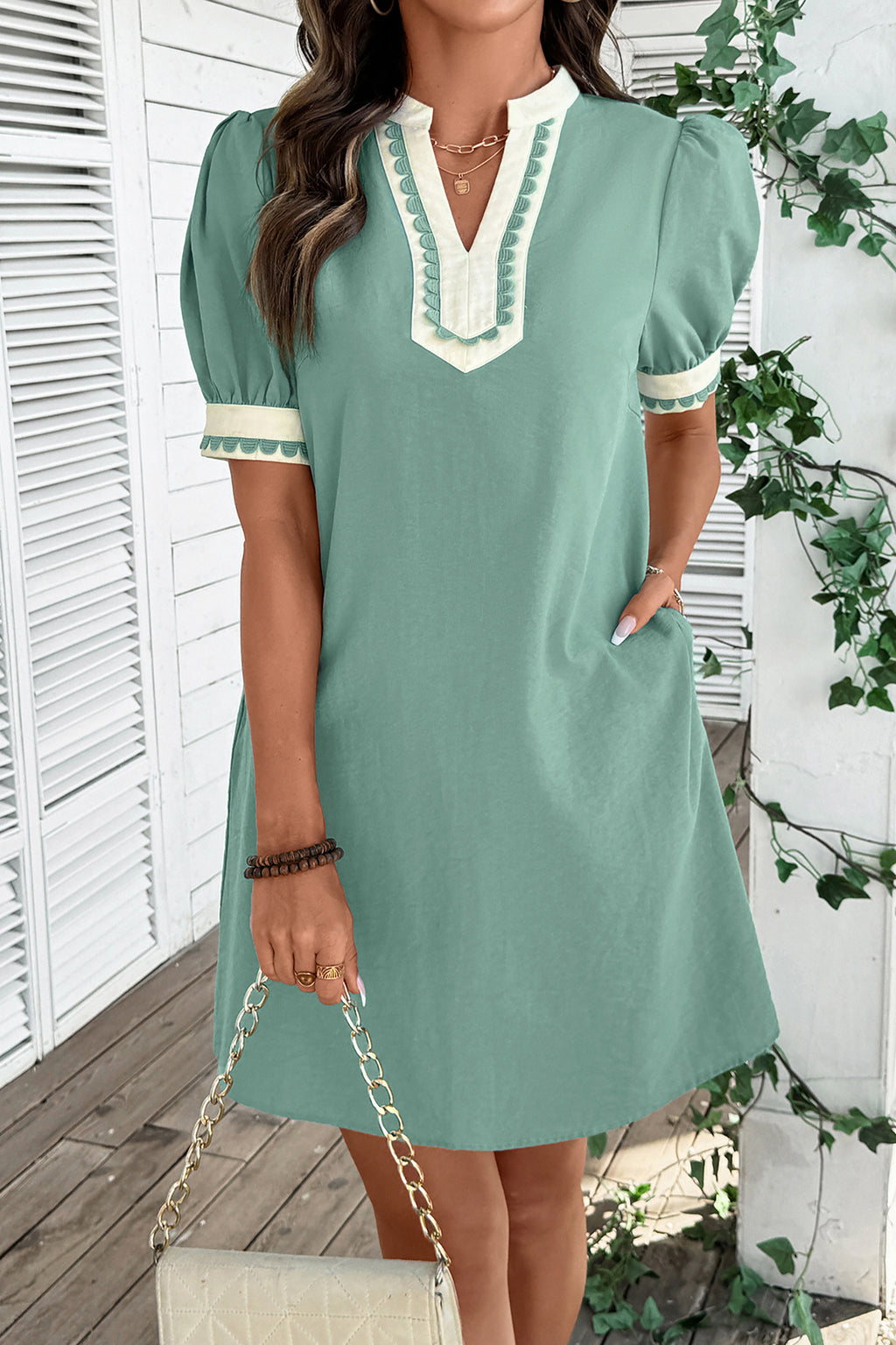 Canton Mini Dress With Scallop Color Block Trim & Puff Sleeves