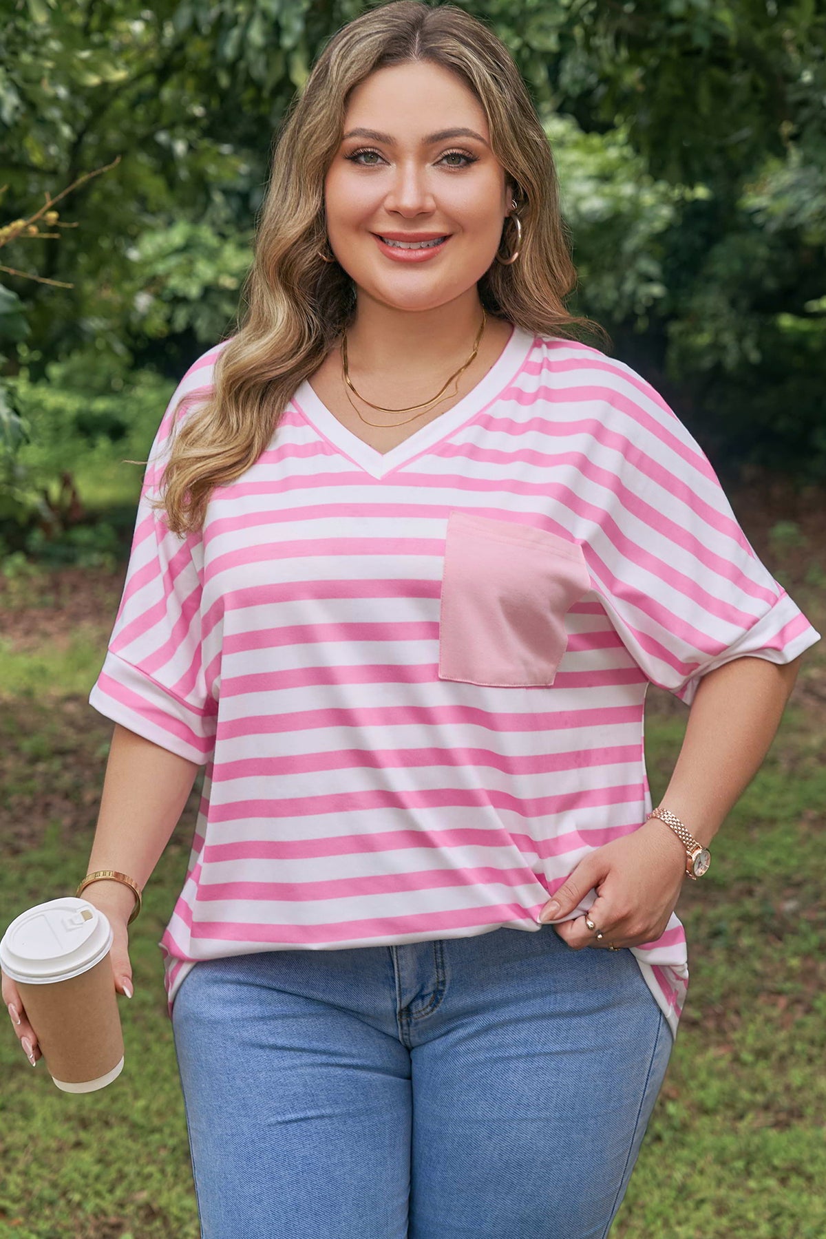 Plus Size Pink Stripe Colorblock Patched Pocket V Neck Tee