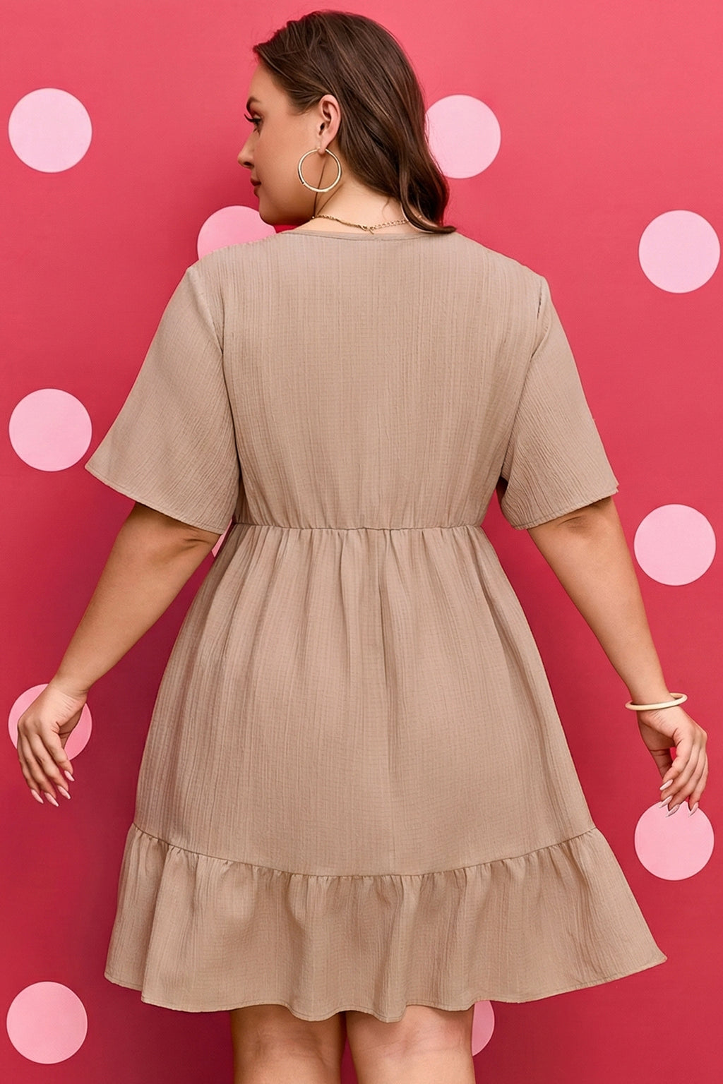 Plus Size Dark Khaki Ruffled Short Sleeve Dress