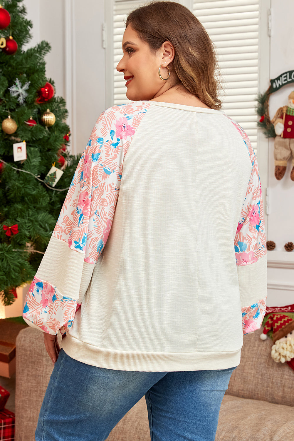 Plus Size Floral Patchwork Ribbed Puff Sleeve Top