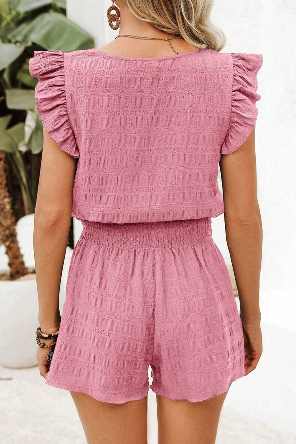 Peach Blossom Textured Square Neck Top & Shirred High Waist Shorts 2 pc Set