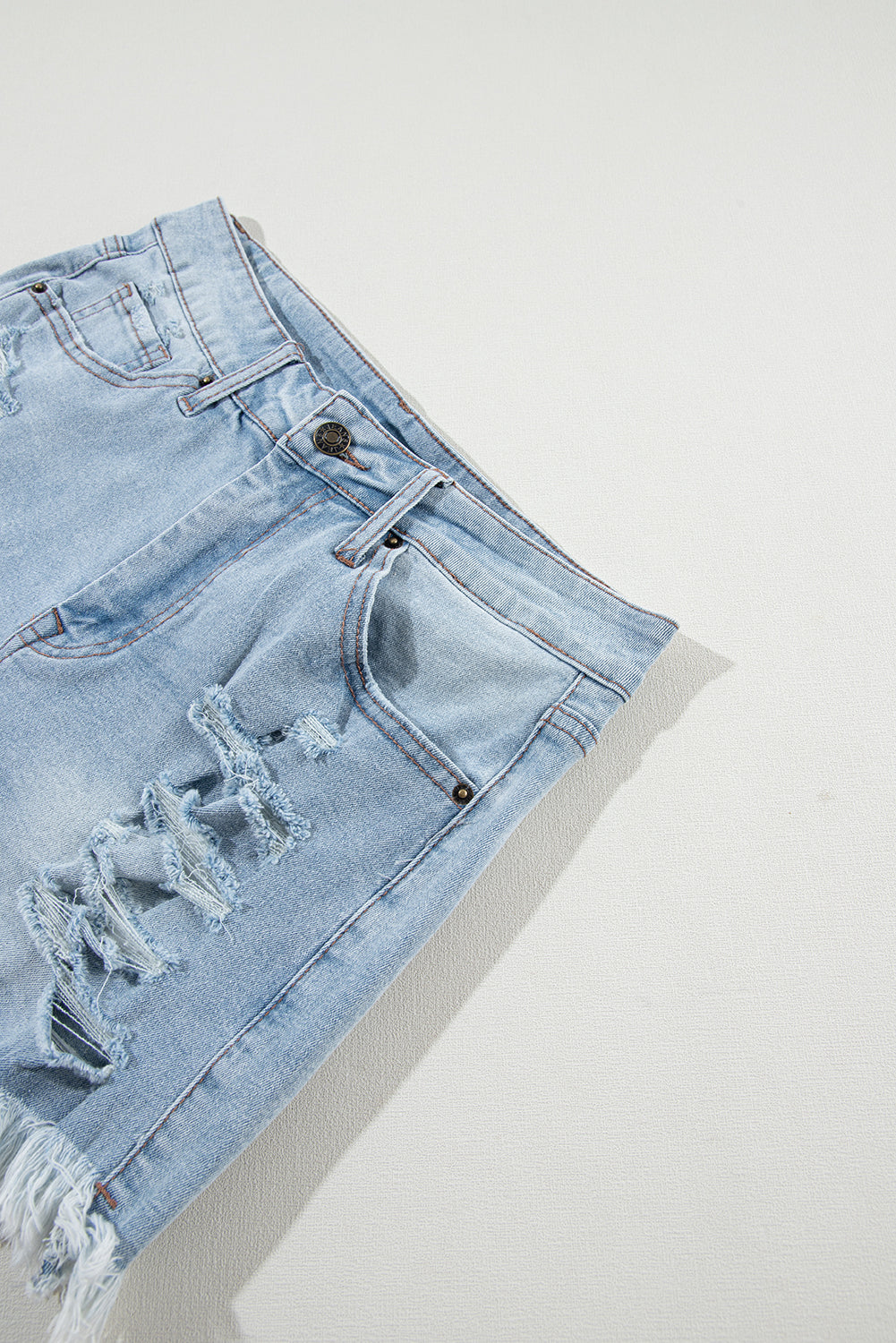 Light Blue High Waist Distressed Denim Shorts With Ripped Raw Hem