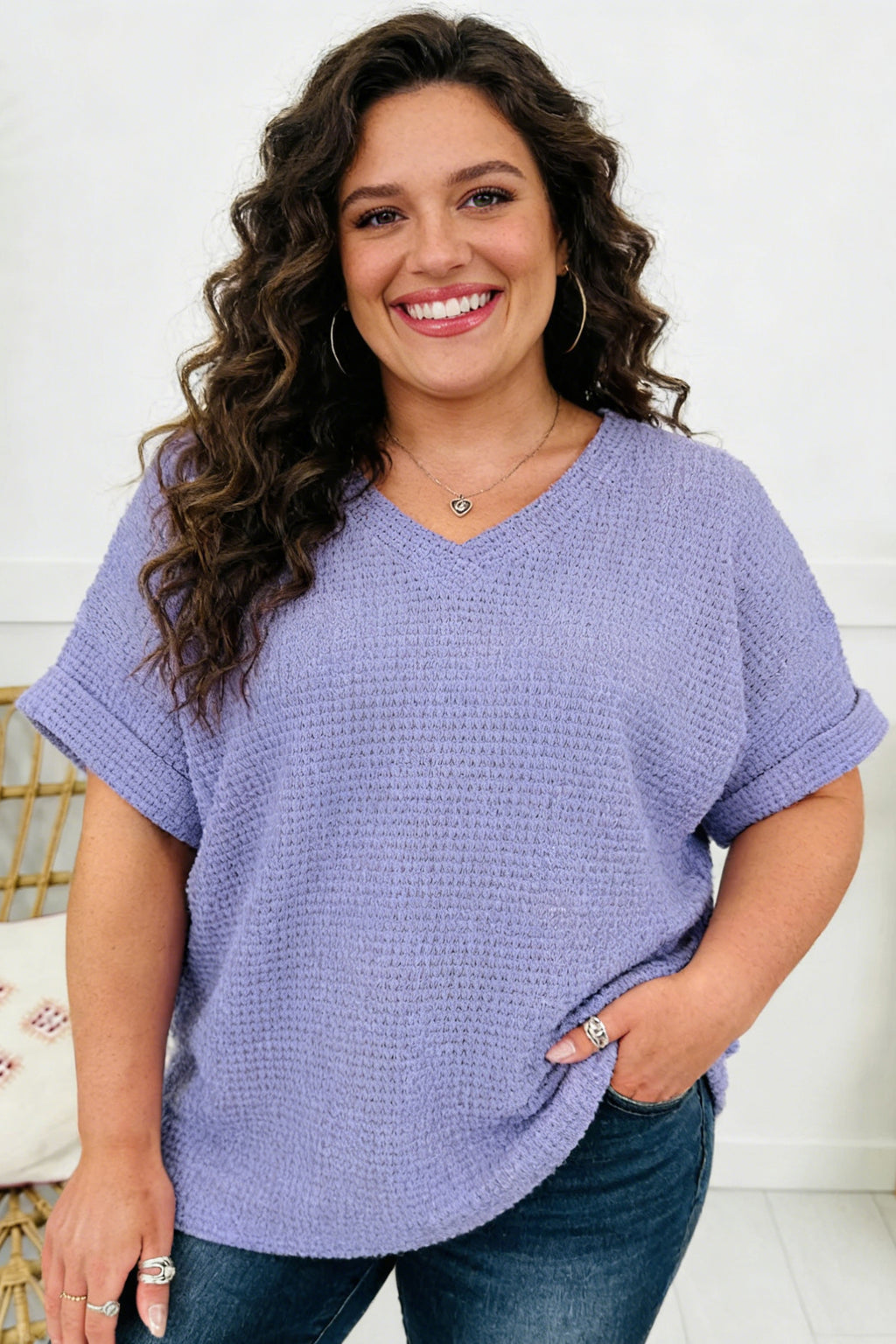 Plus Size Wisteria V-Neck Short Sleeve Waffle Knit Top