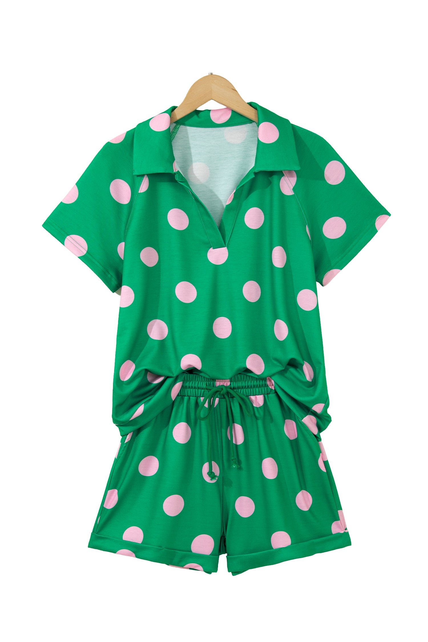 Green Polka Dot Print V-Neck Tee & Shorts 2pc Set
