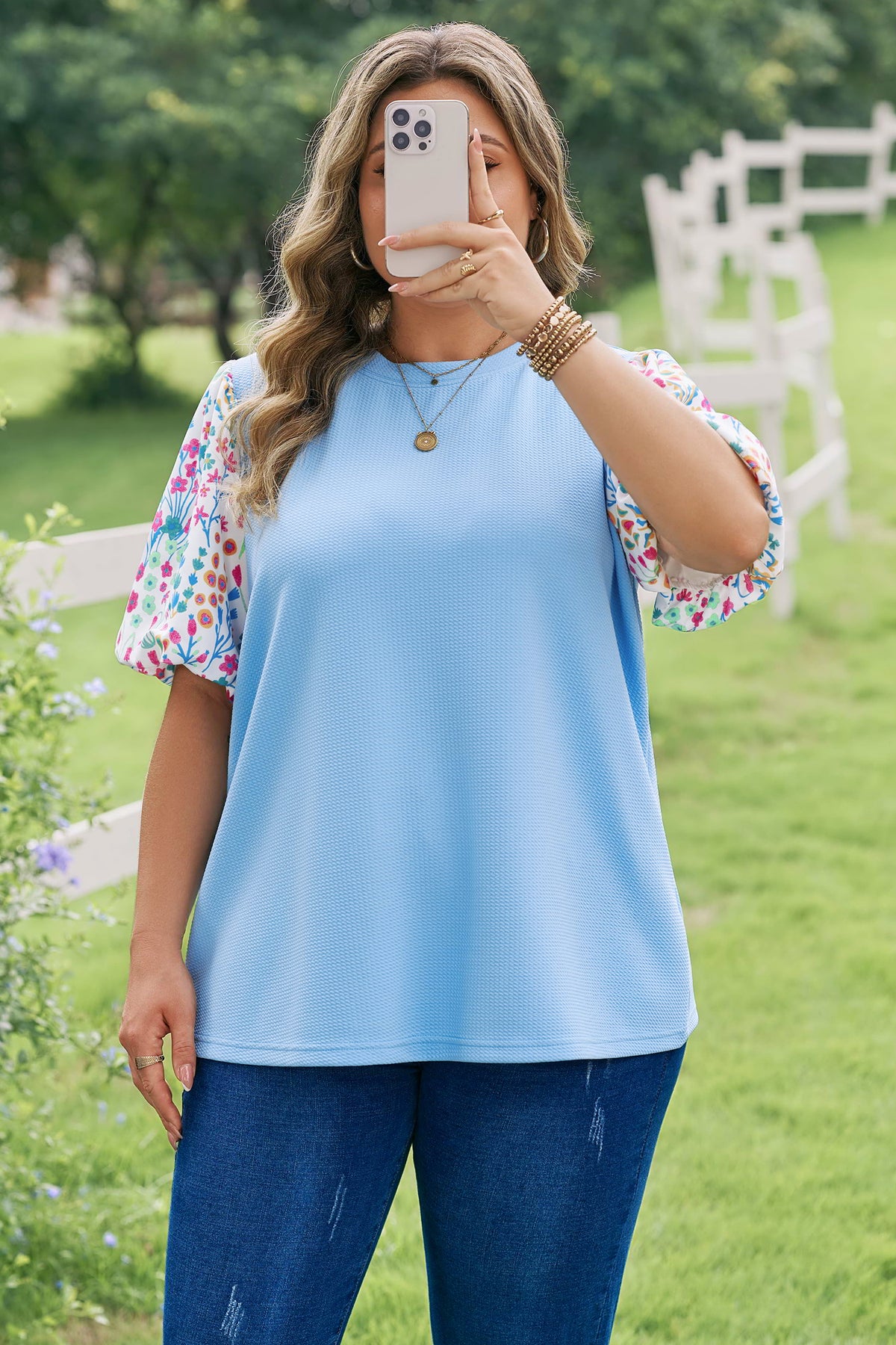Plus Size Light Blue Textured Bodice Top With Contrast Floral Sleeves