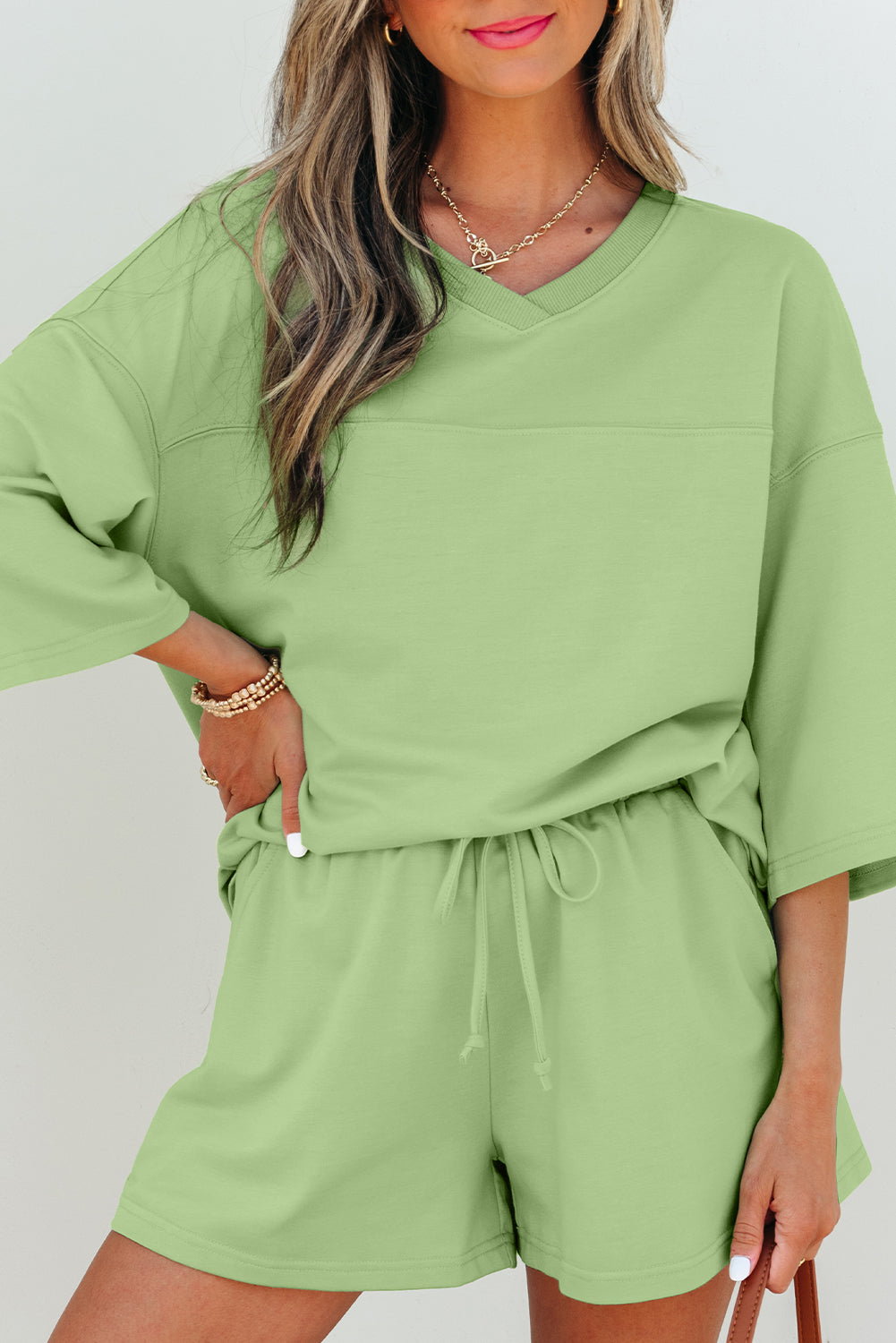 Meadow Mist Green V-Neck Half Sleeve Tee and Shorts 2pc Set