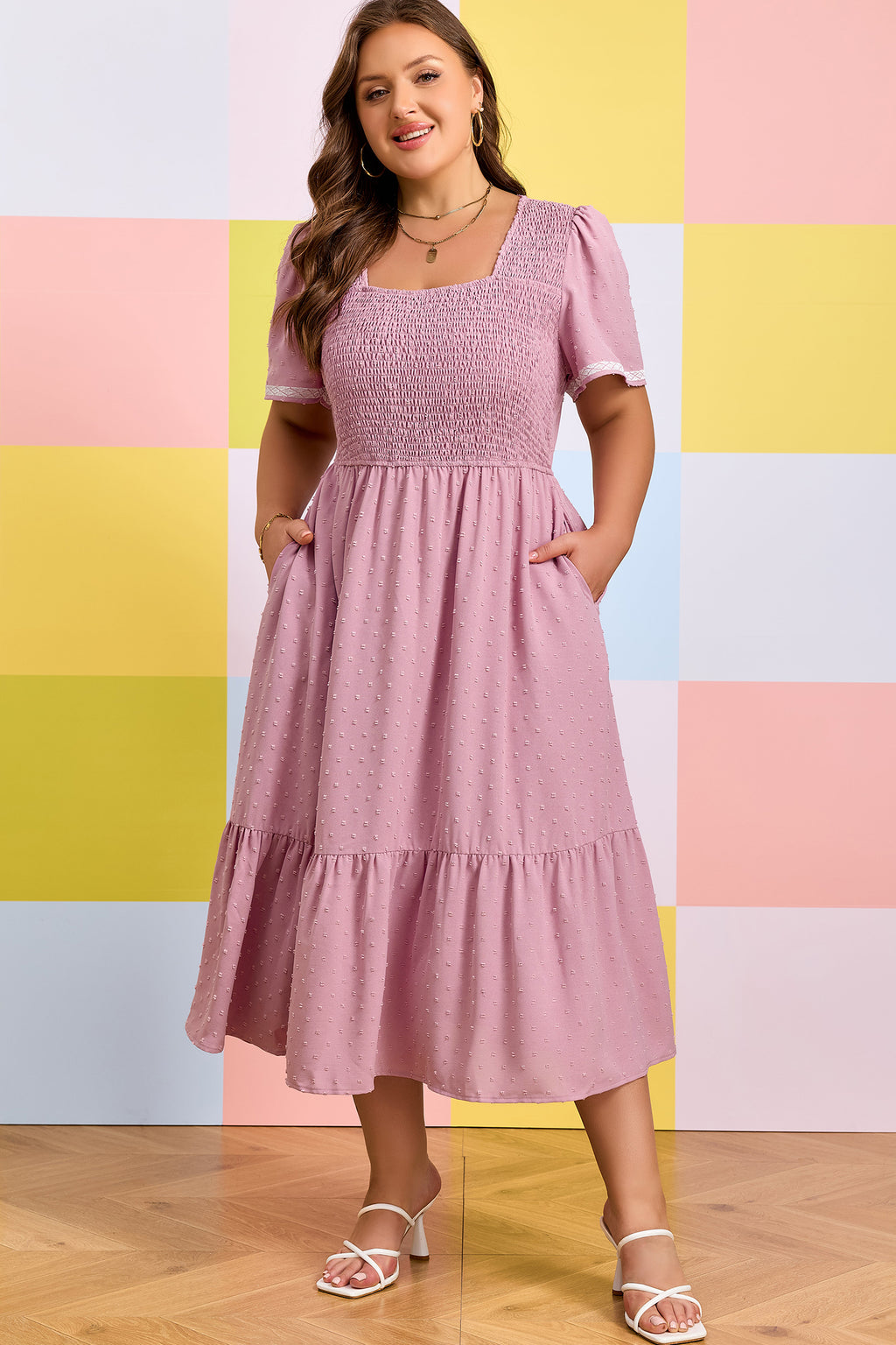 Plus Size Pink Swiss Dot Flowy Midi Dress With Short Sleeves & Smocked High Waist