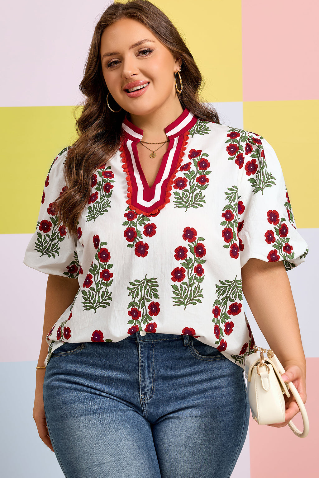 Plus Size White Short Sleeve Cotton Blouse With Floral Print Ricrac Striped Trim