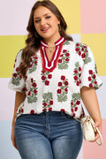 Plus Size White Short Sleeve Cotton Blouse With Floral Print Ricrac Striped Trim