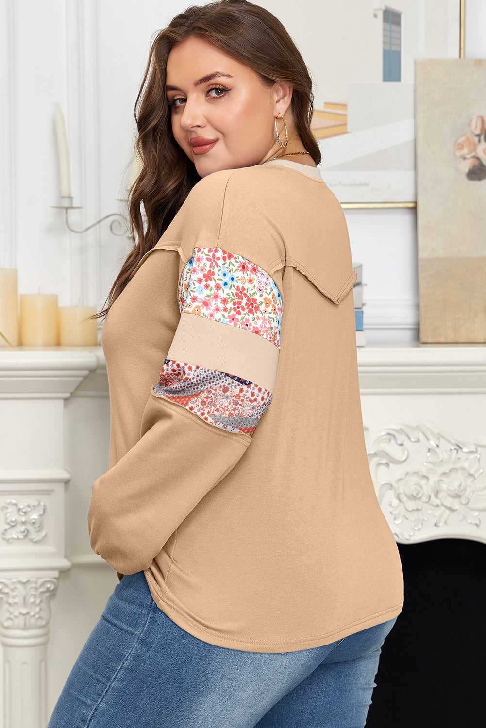 Plus Size Khaki Exposed Seam Relaxed Top With Floral Mixed Patchwork Sleeves