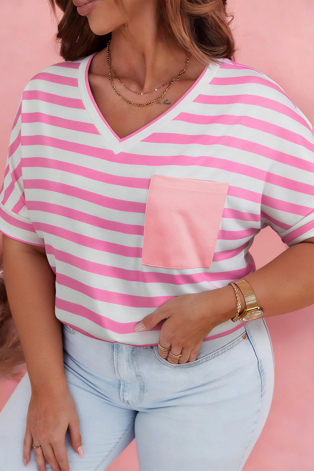 Plus Size Pink Stripe Colorblock Patched Pocket V Neck Tee